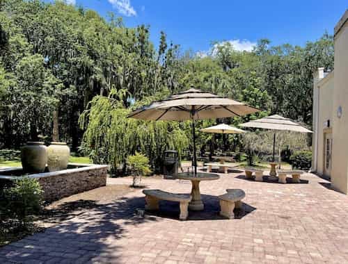 Patio with tables and umbrellas