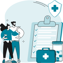 Illustration of two people looking at a clipboard with info about using insurance for addiction treatment